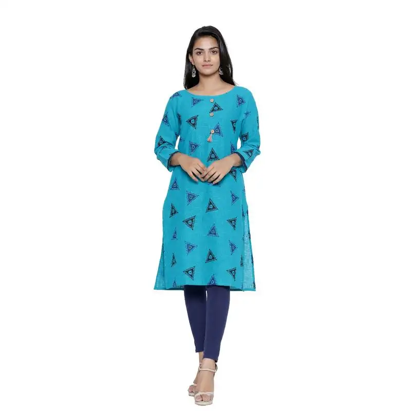 Turquoise printed cotton cotton-kurtis