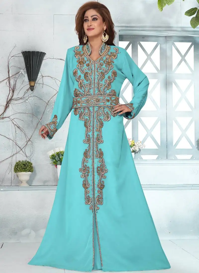 Aqua blue georgette bead work kaftan