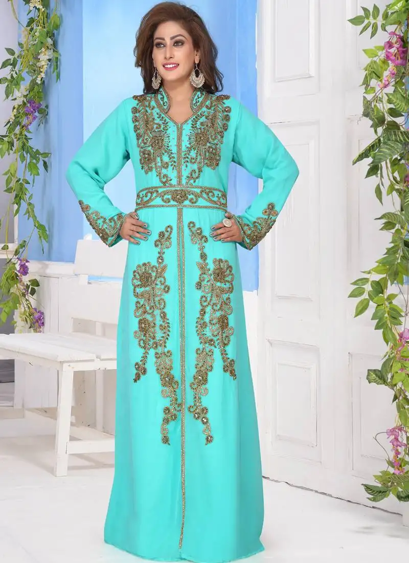 Turquoise embroidered georgette islamic-kaftans with sun-proof hijab.