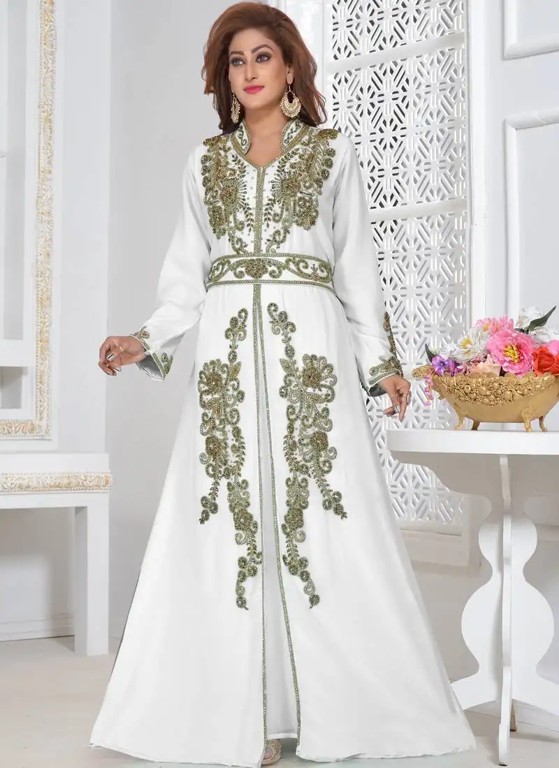 White embroidered georgette islamic-kaftans with sun-proof hijab.