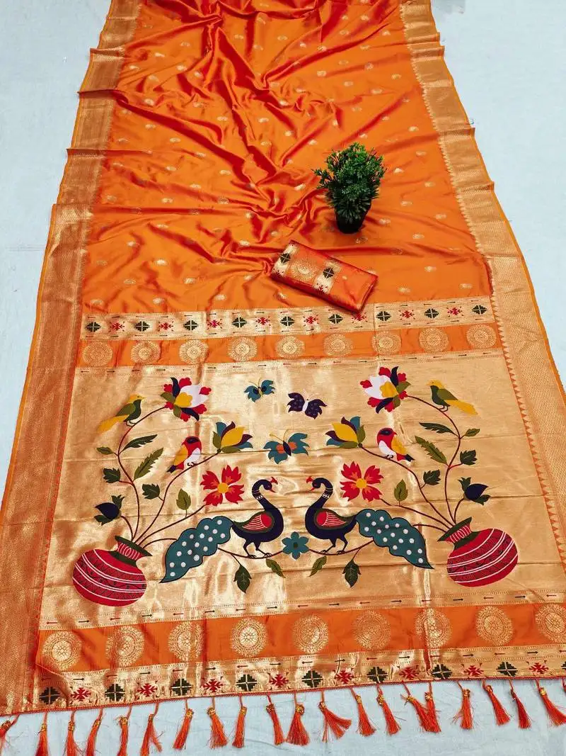Orange faux banarasi silk saree with paithani rich weaved pallu and blouse
