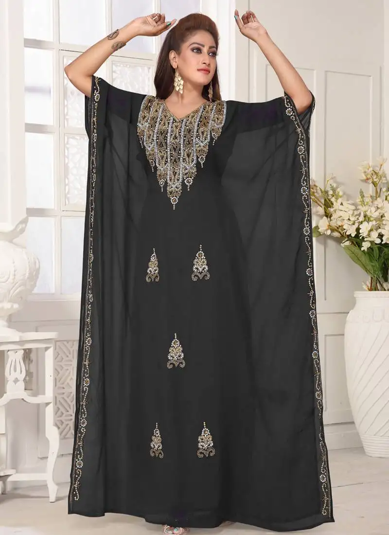 Grey embroidered georgette islamic-kaftans with sun-proof hijab.