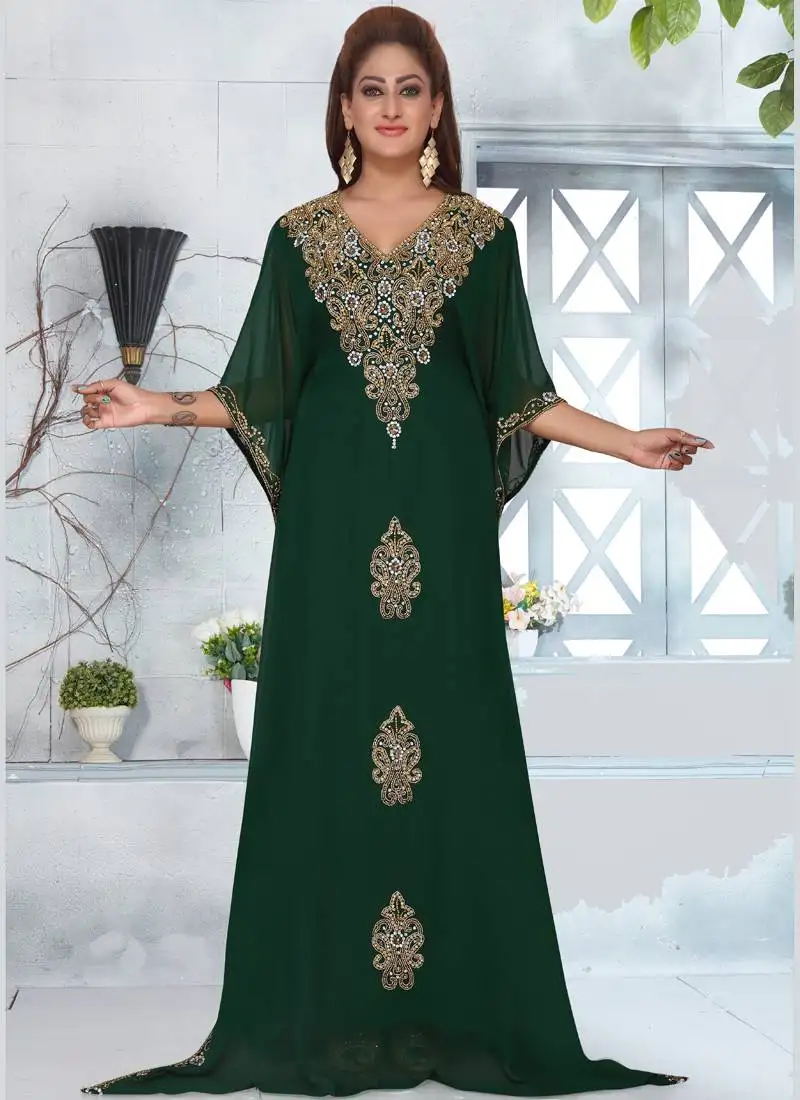 Green embroidered georgette islamic-kaftans