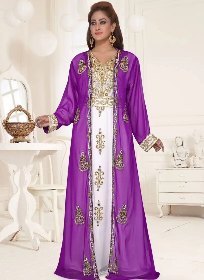 Purple embroidered georgette islamic-kaftans with sun-proof hijab.