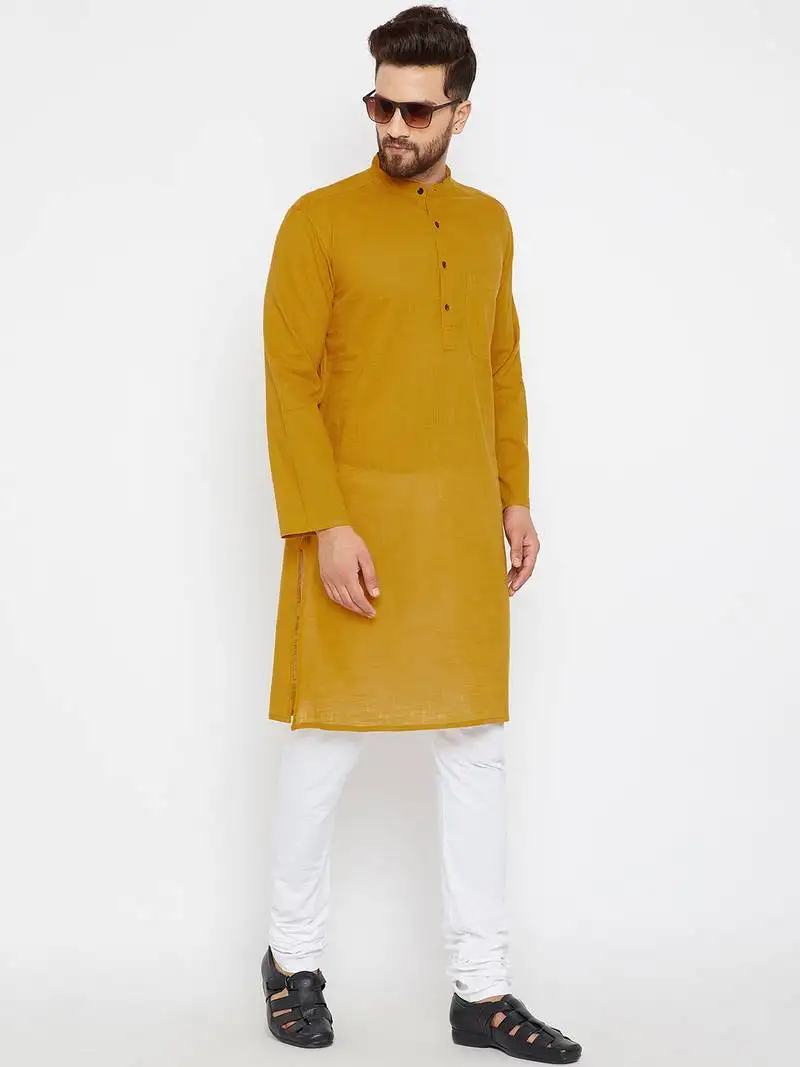 Yellow woven pure cotton kurta-pajama