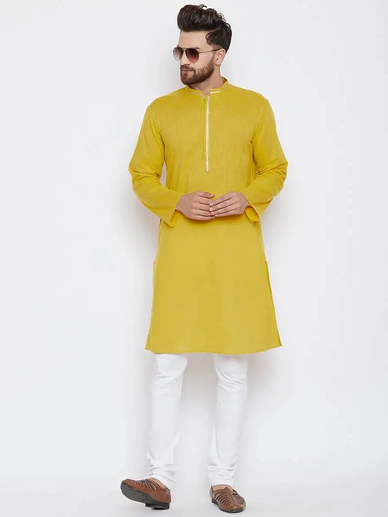 Yellow woven pure cotton kurta pajama