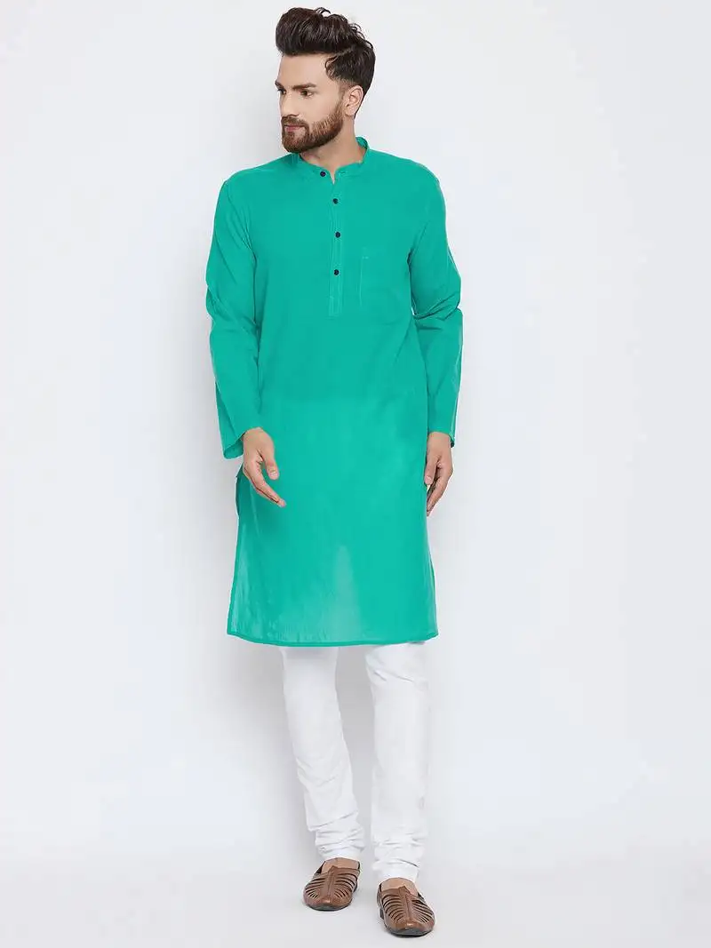 Turquoise woven pure cotton kurta-pajama