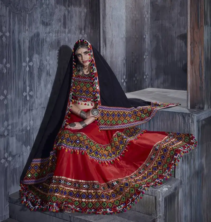 Red and black gamthi hand embroidered cotton traditional dandiya raas garba lehenga for navratri collection online