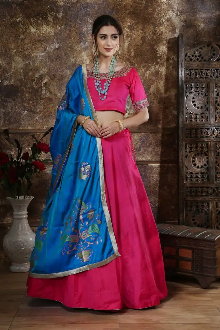 Pink sequins embroidered silk semi stitched bridal lehenga