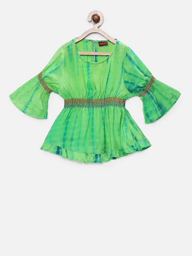 Green printed georgette kids-tops