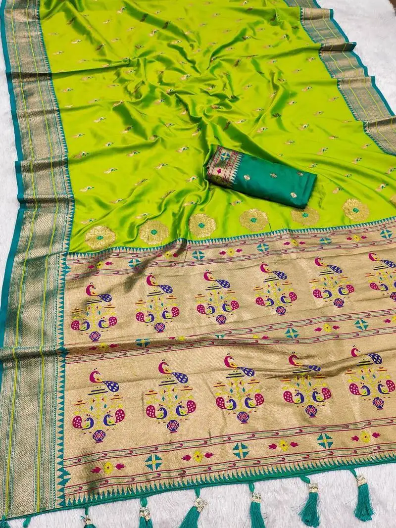 Parrot green faux banarasi silk saree with paithani rich weaved pallu and blouse