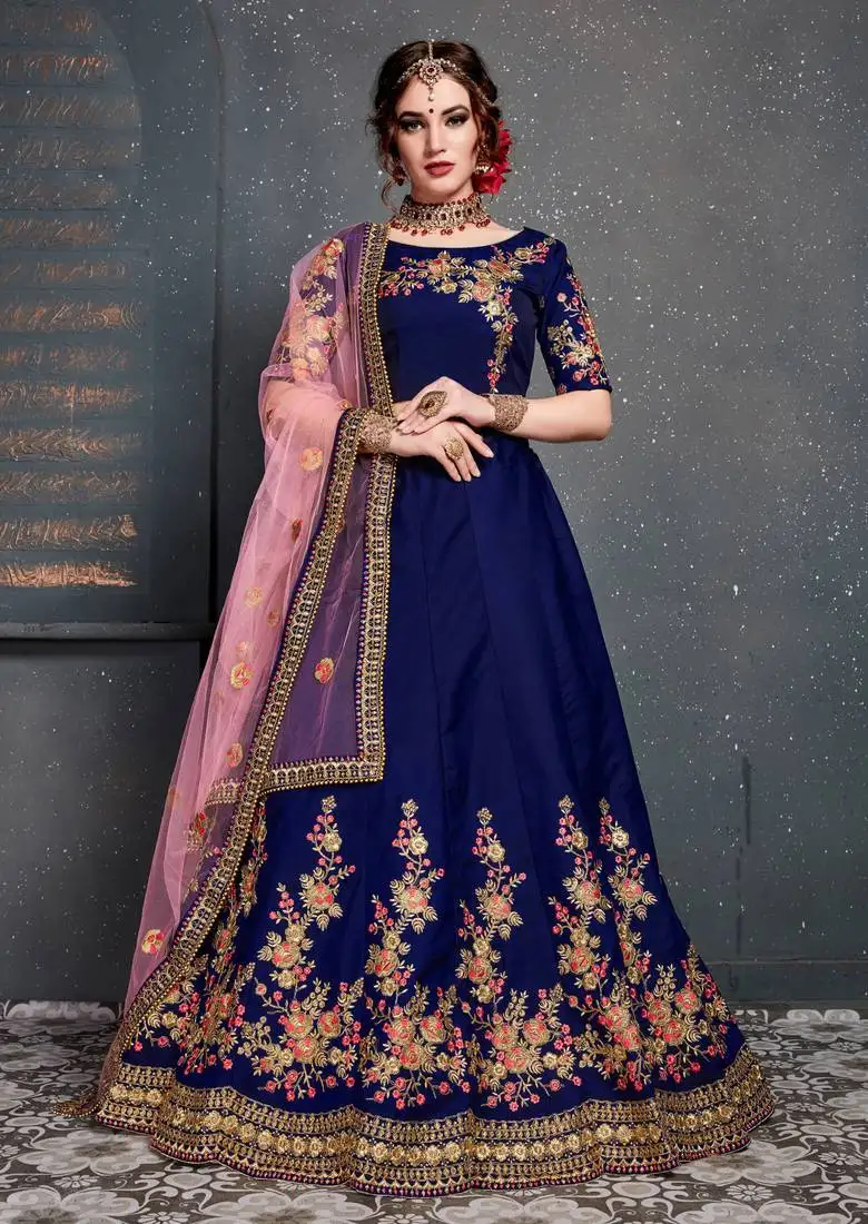 Blue dupion silk embroidered lehenga choli set