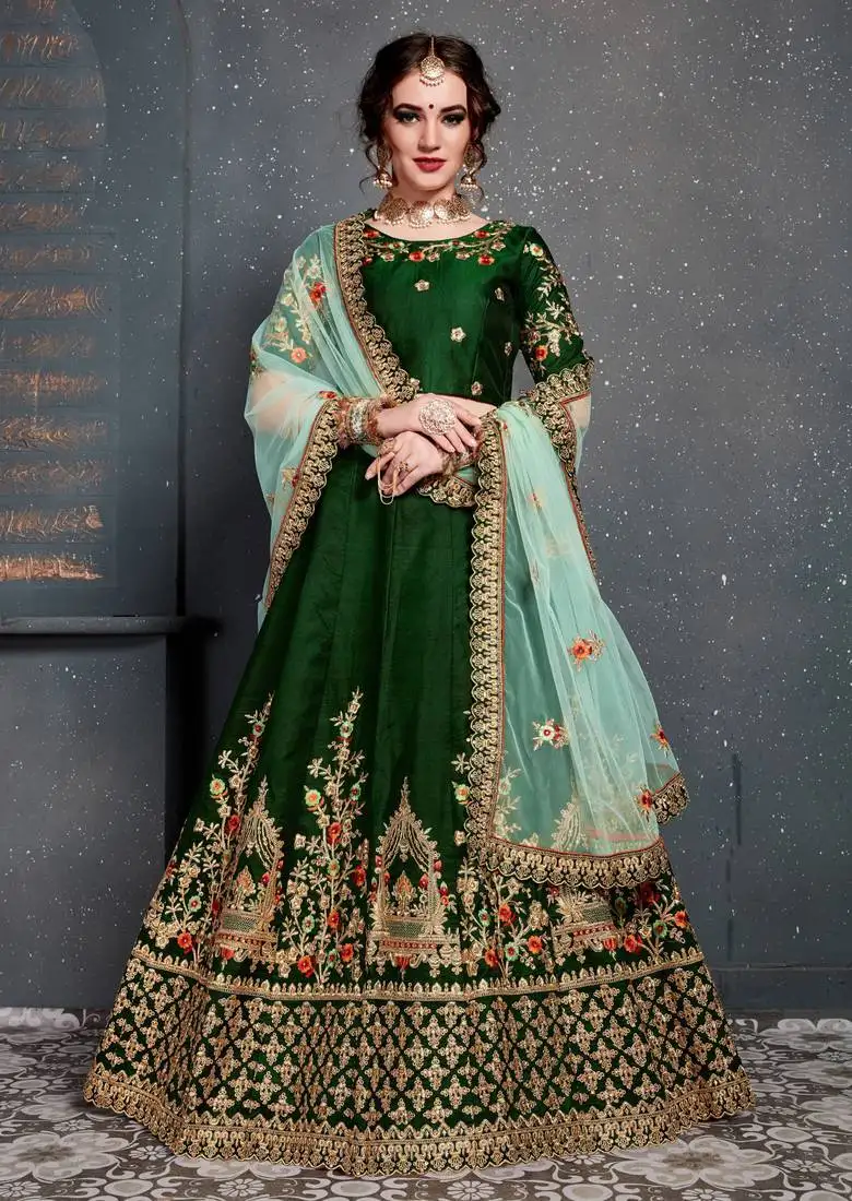 Gleaming green colored taffeta silk wedding designer bridesmaid lehenga choli with dupatta