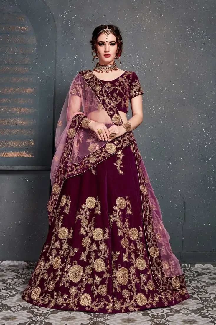 Purple zari embroidered velvet wedding bridal lehenga choli with dupatta