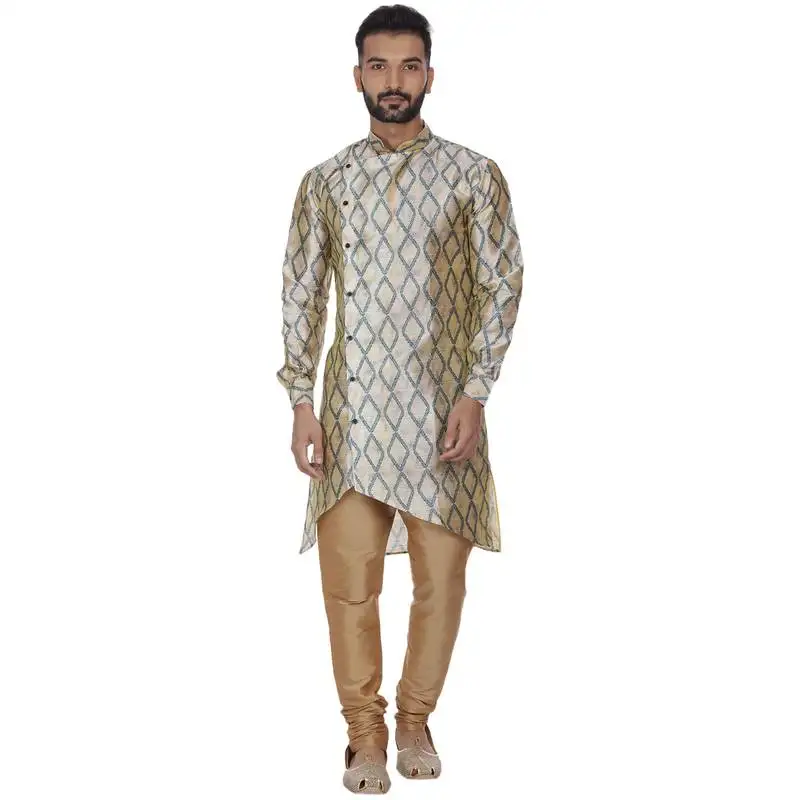 Beige printed brocade silk men kurtas