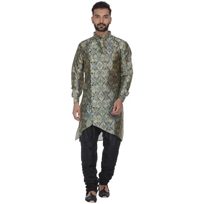Green printed brocade silk men kurtas