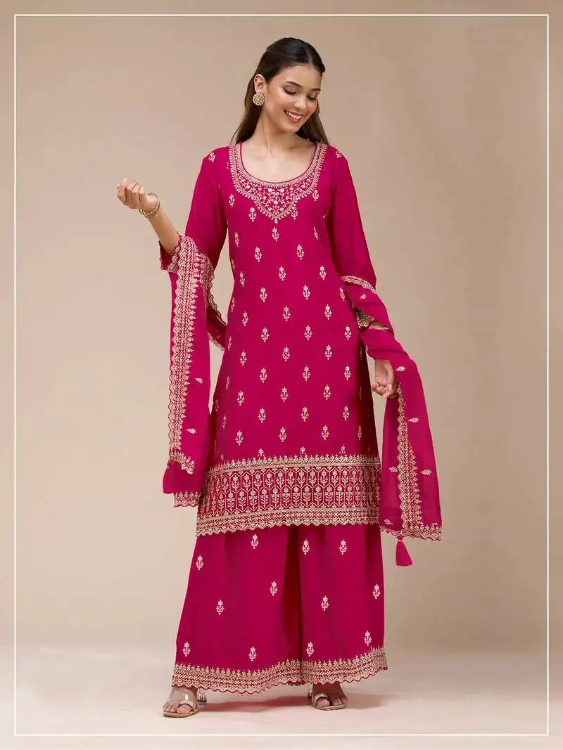 Rani pink color embroideried faux georgette semi stitched salwar suit