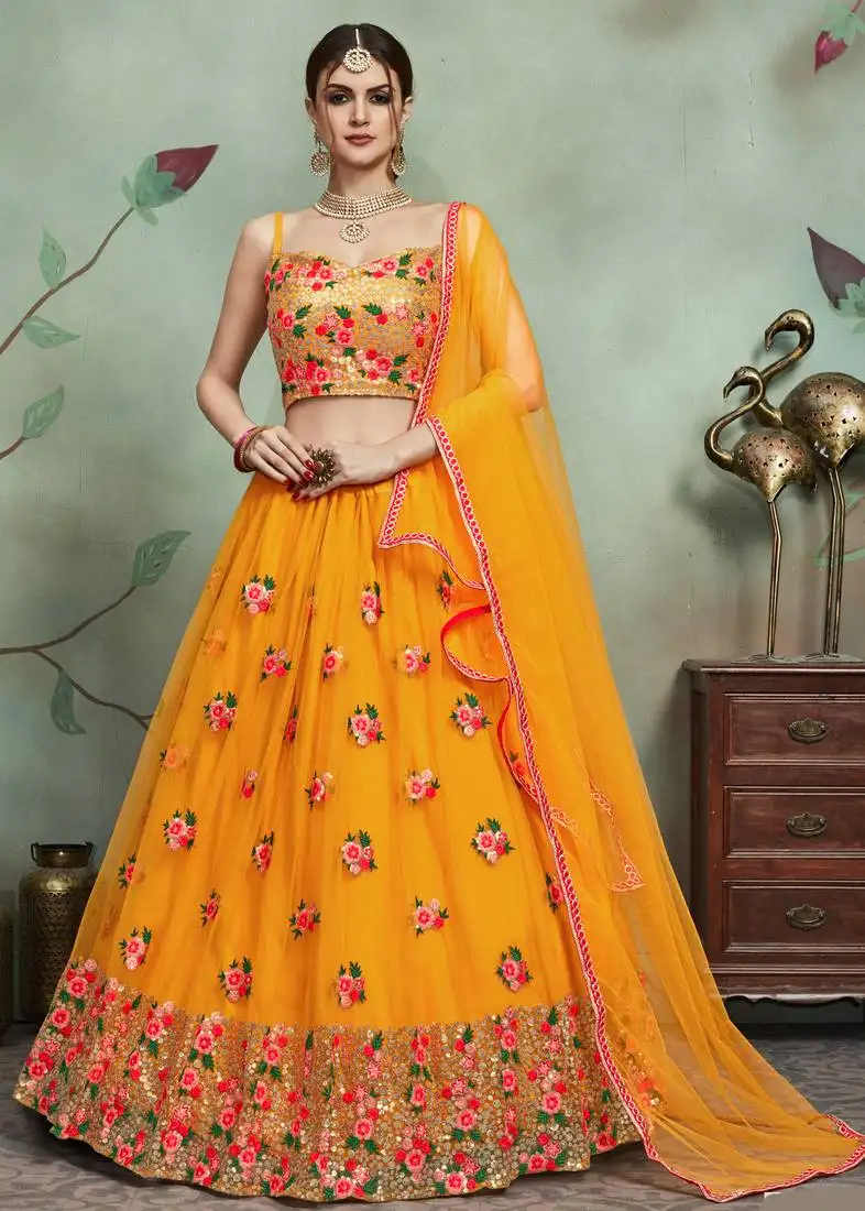 mustard yellow thread and sequins embroidered net indian wedding lehenga dress