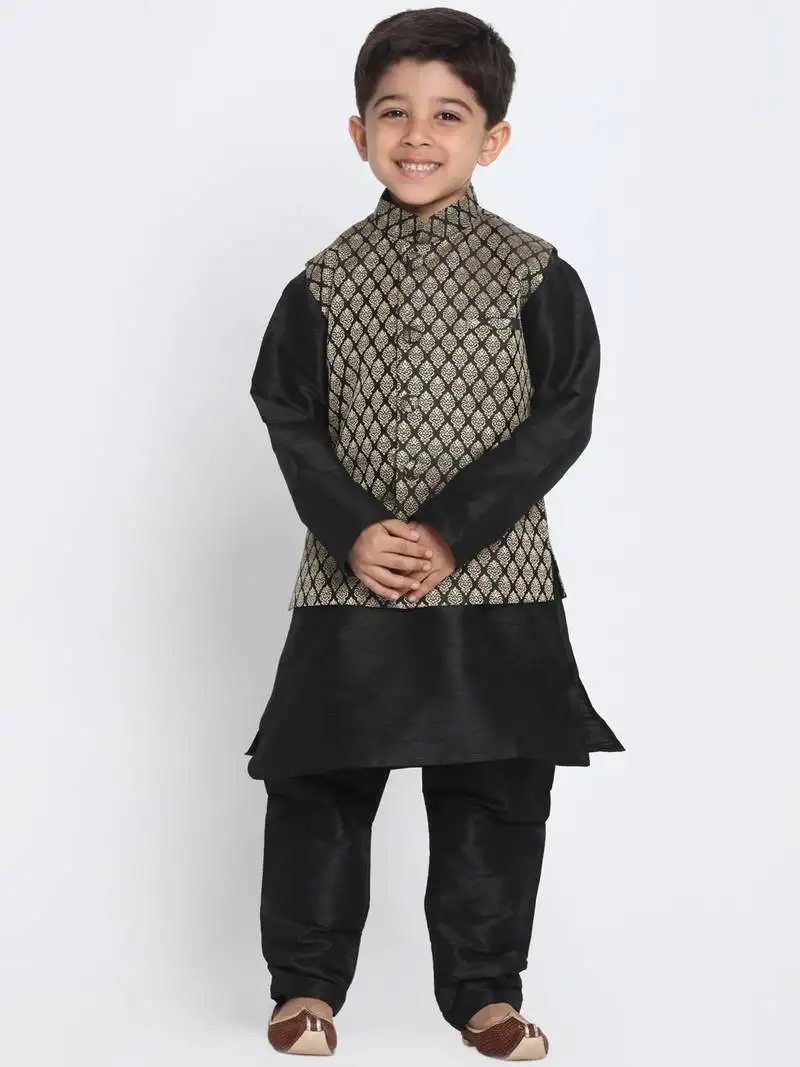 Boys black and gold silk blend jacket, kurta and pyjama set