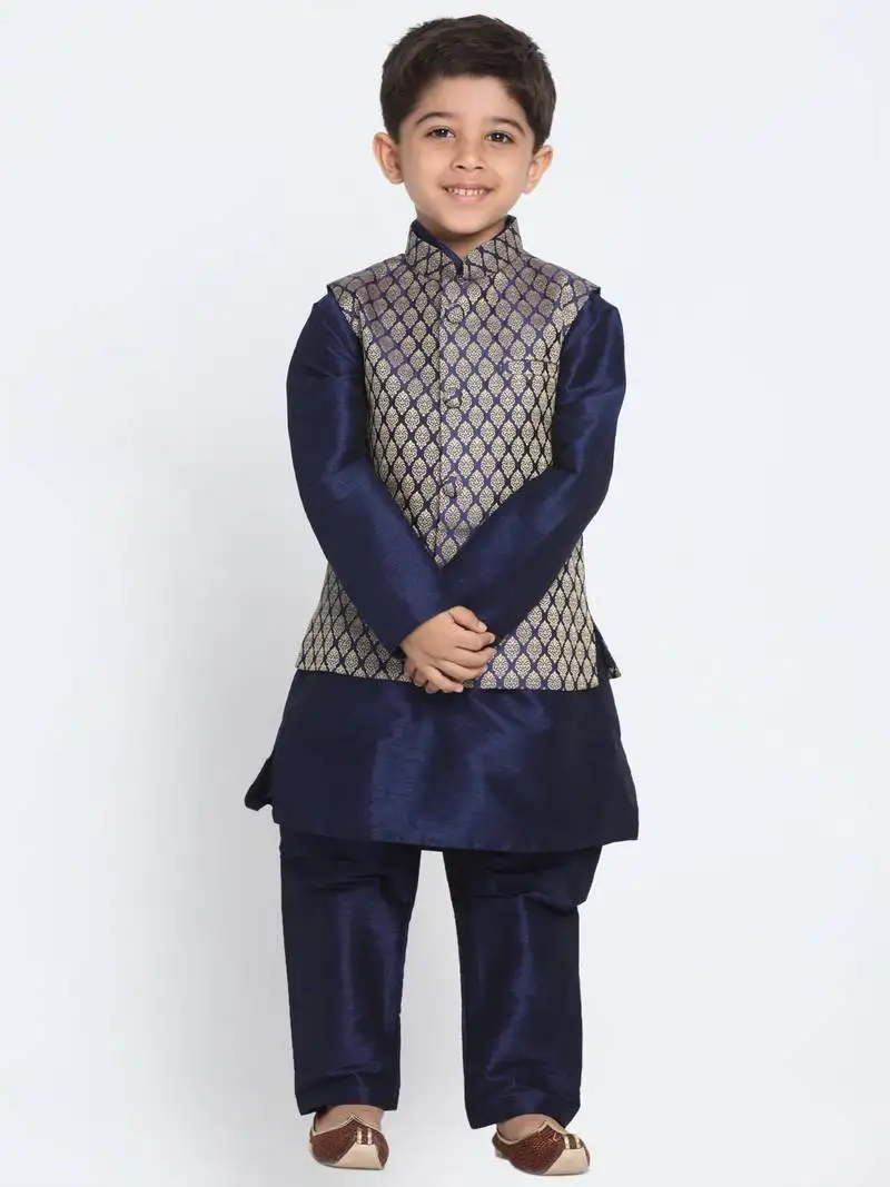 Boys navy blue and gold silk blend jacket, kurta and pyjama set