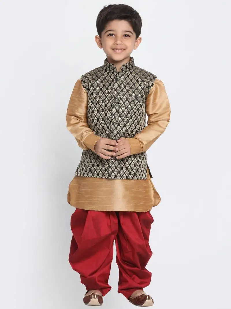 Boys rose gold and black silk blend jacket, kurta and dhoti set