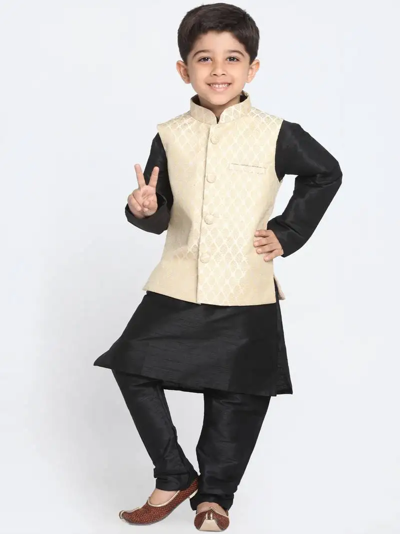Boys cream and black silk blend jacket, kurta and pyjama set