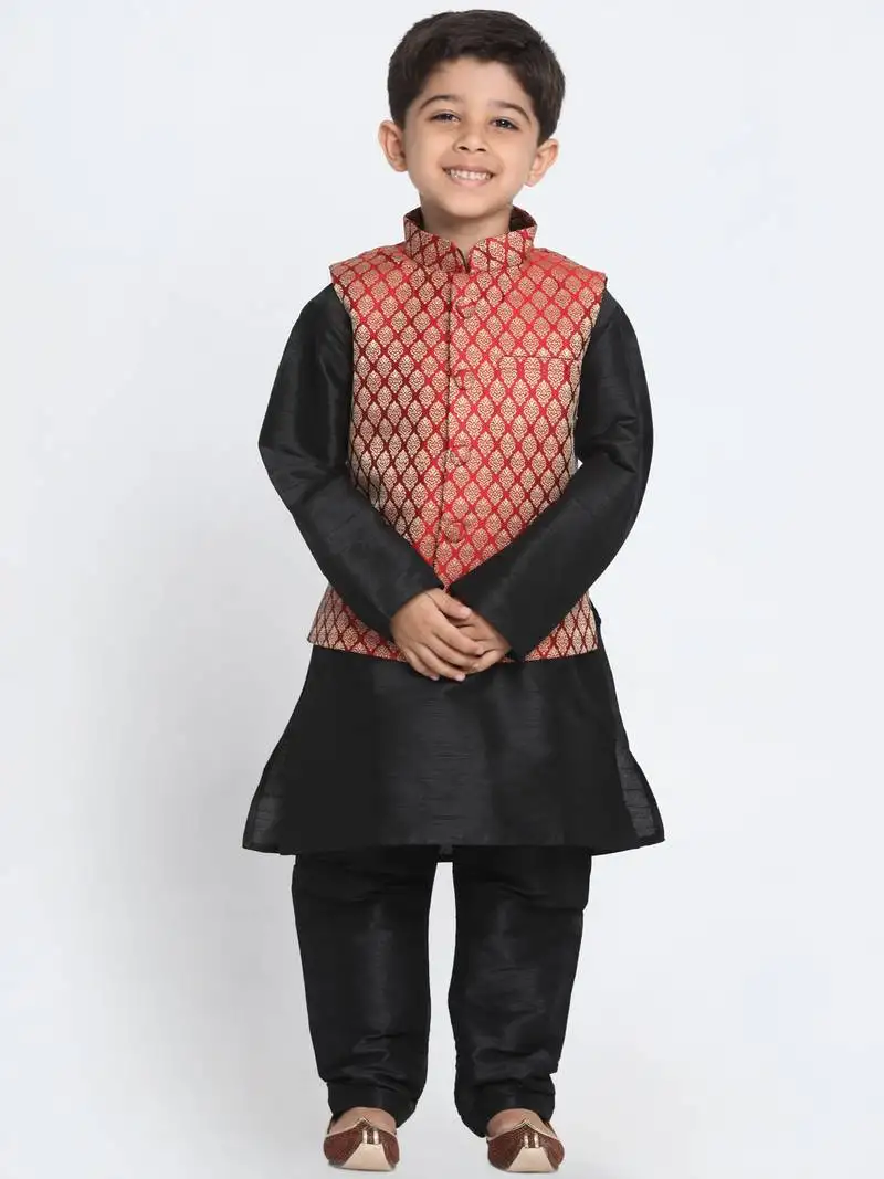 Boys black, maroon and gold silk blend jacket, kurta and pyjama set