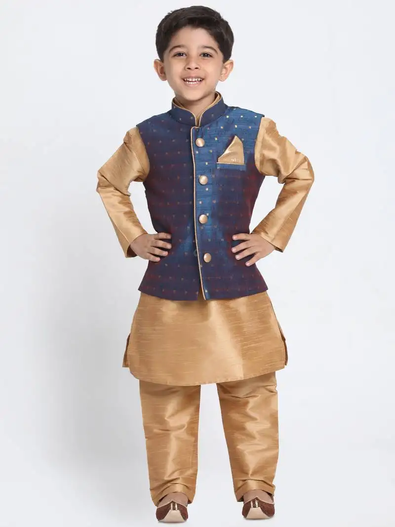Boys rose gold and persian blue silk blend jacket, kurta and pyjama set
