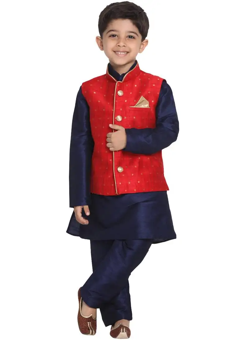 Boys maroon and navy blue silk blend jacket, kurta and pyjama set