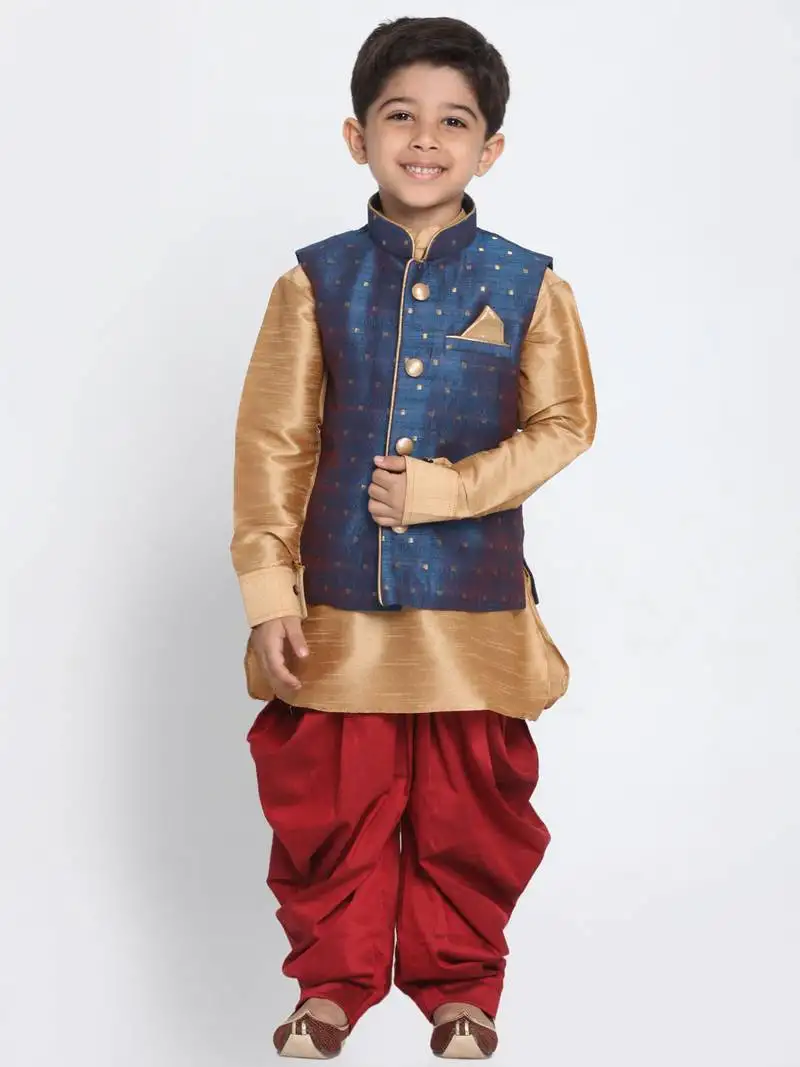 Boys rose gold, persian blue and maroon silk blend jacket, kurta and dhoti set