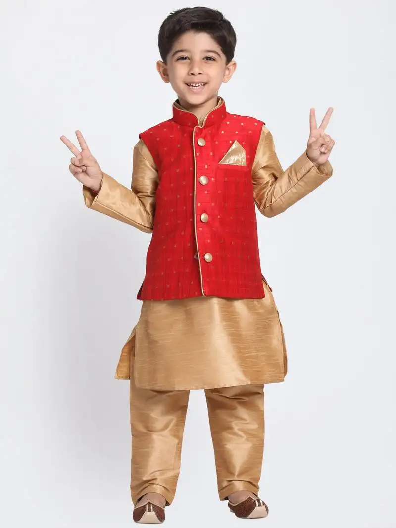 Boys maroon and rose gold silk blend jacket, kurta and pyjama set