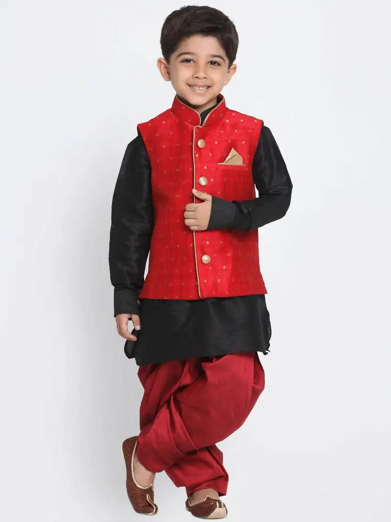 Boys maroon and black silk blend jacket, kurta and dhoti set