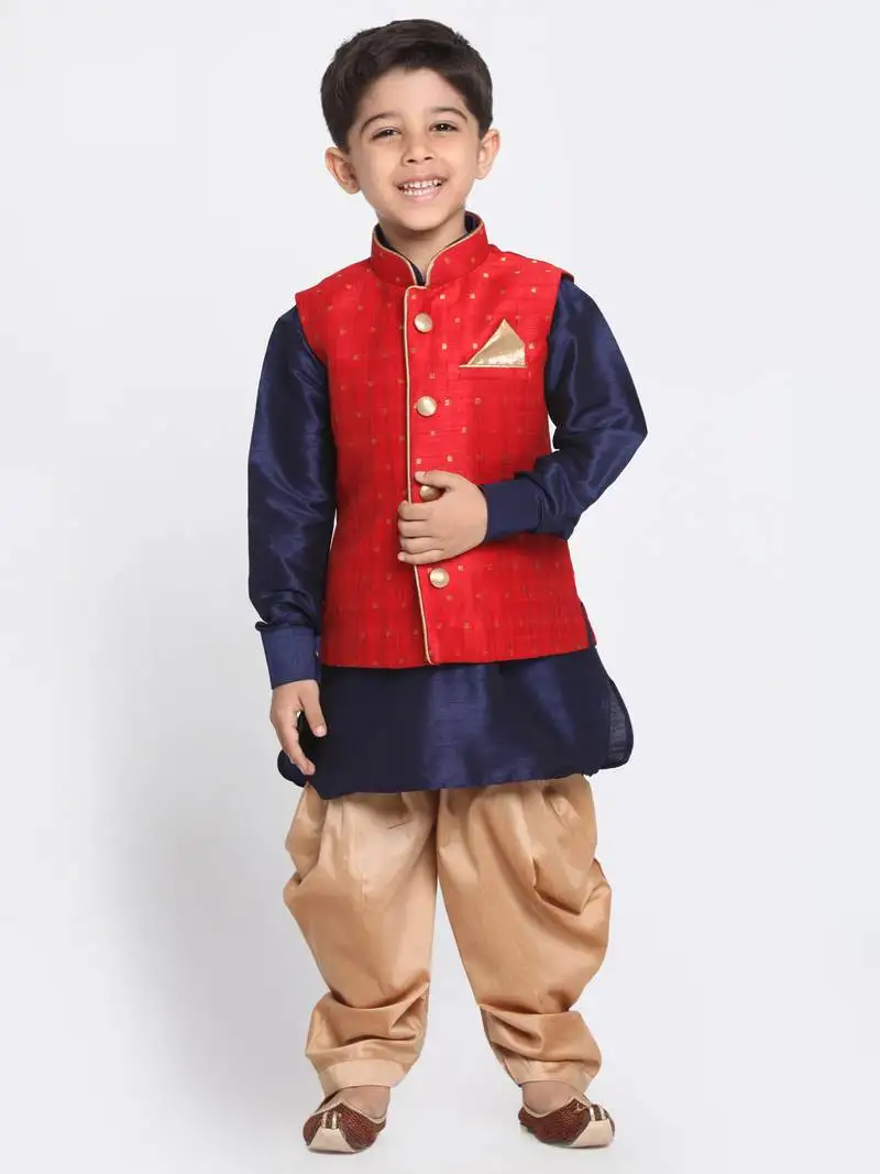 Boys maroon, navy blue and rose gold silk blend jacket, kurta and dhoti set