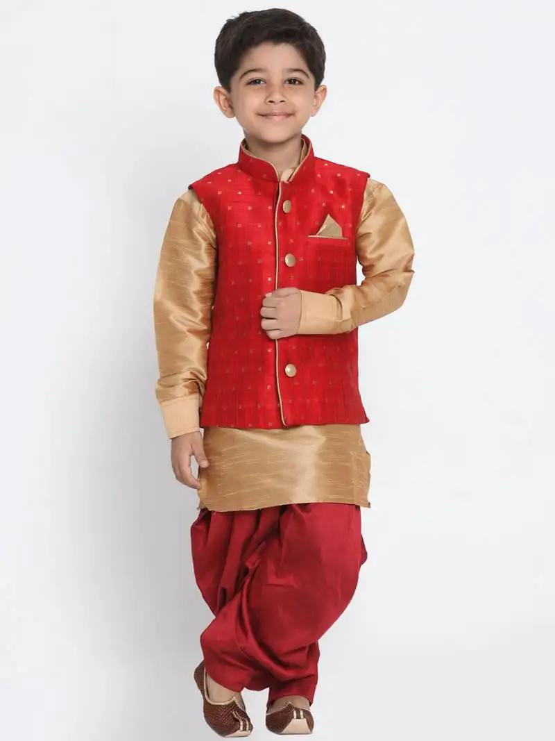Boys maroon and rose gold silk blend jacket, kurta and dhoti set