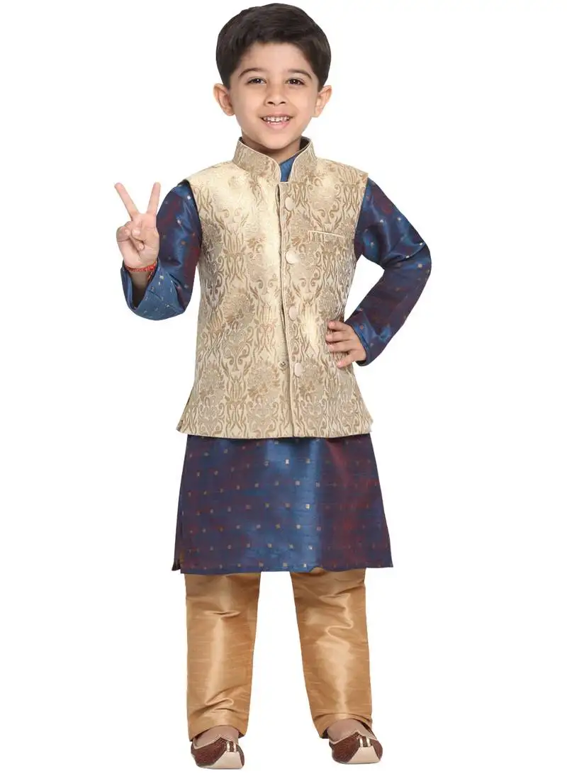 Boys gold and persian blue silk blend jacket, kurta and pyjama set