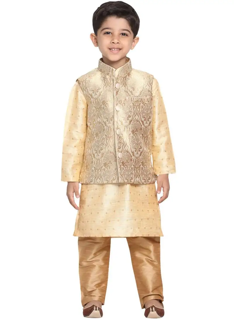 Boys gold silk blend jacket, kurta and pyjama set