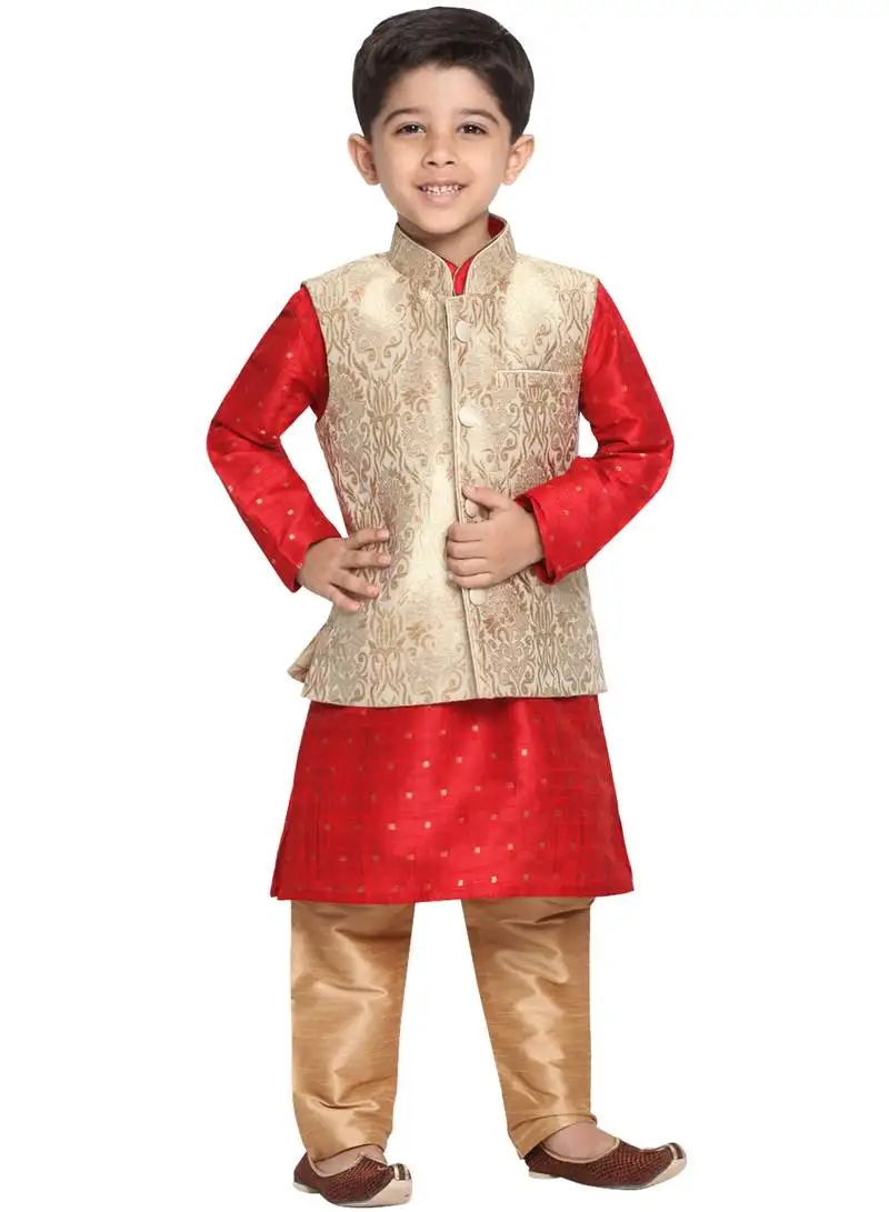 Boys maroon and gold silk blend jacket, kurta and pyjama set