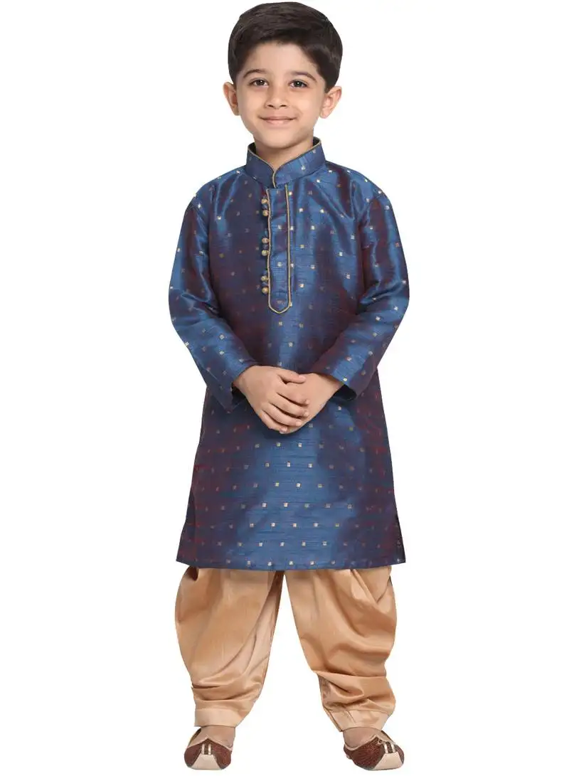 Boys persian blue and rose gold silk blend kurta and dhoti set