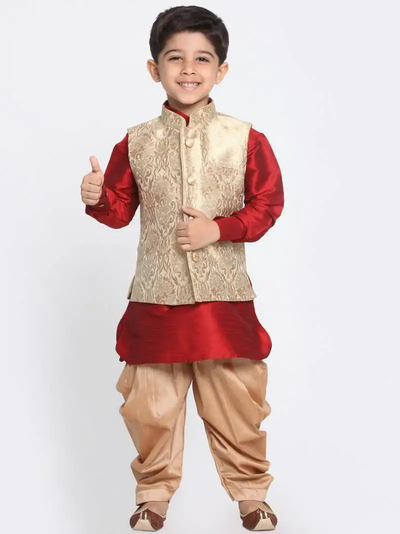 Boys maroon and gold silk blend jacket, kurta and dhoti set