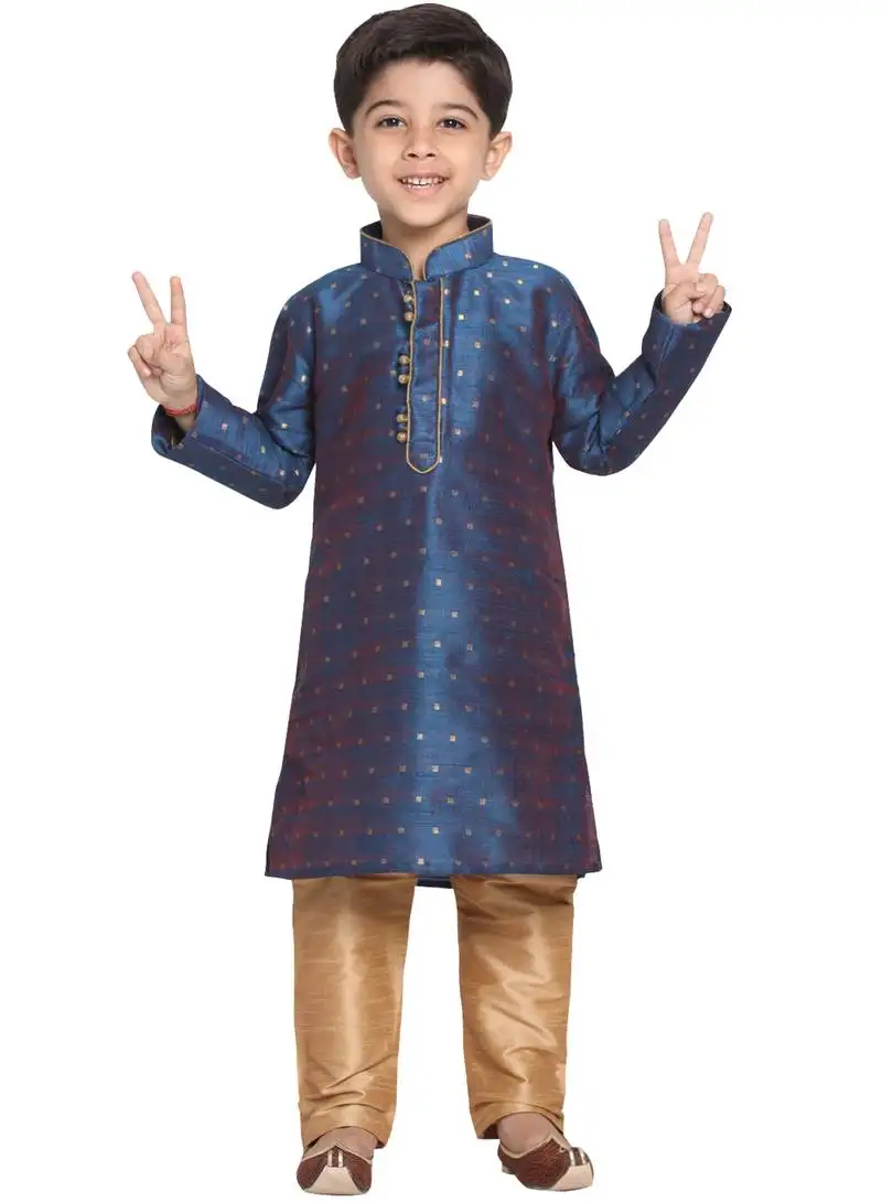 Boys persian blue and rose gold silk blend kurta pyjama set