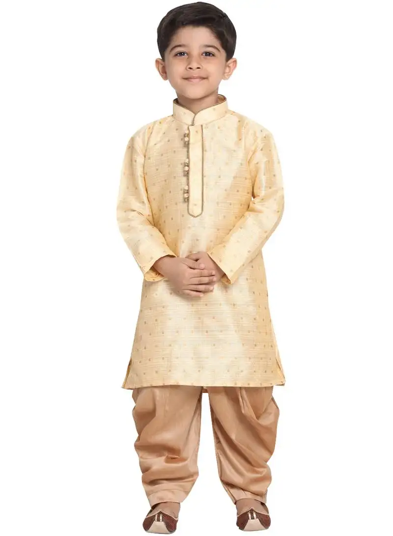 Boys gold silk blend kurta and dhoti set