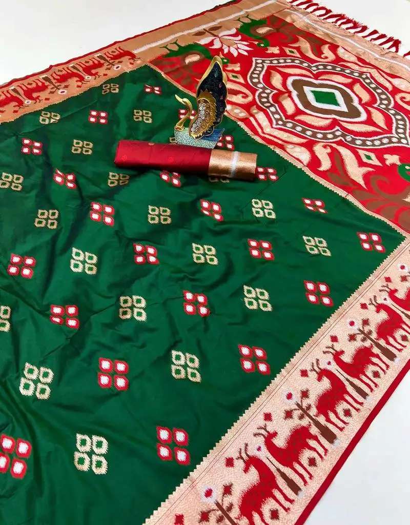 Green soft saree with zari weawing meenakari rich pallu and unique ikkat border