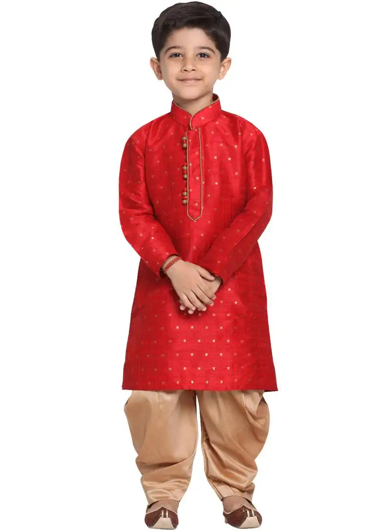Boys maroon and rose gold silk blend kurta and dhoti set