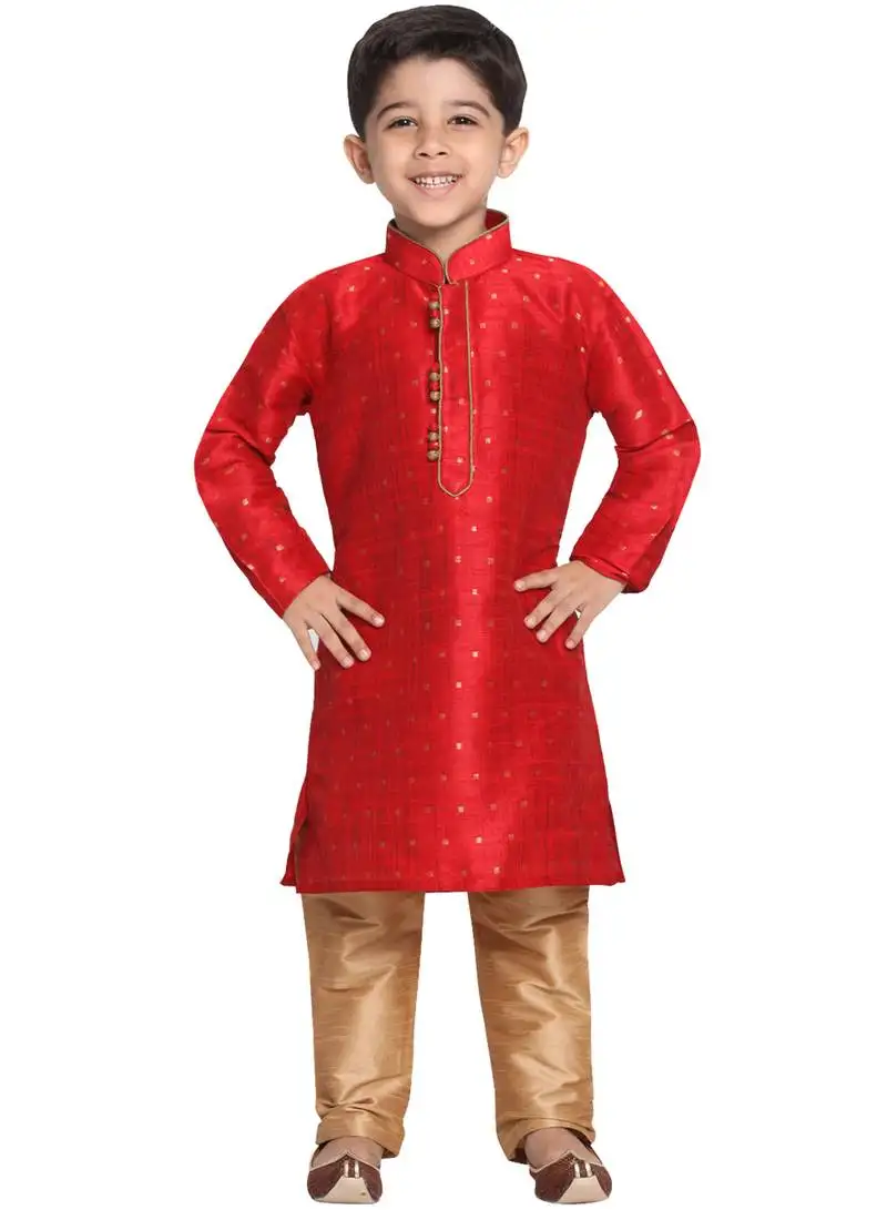 Boys maroon and rose gold silk blend kurta pyjama set