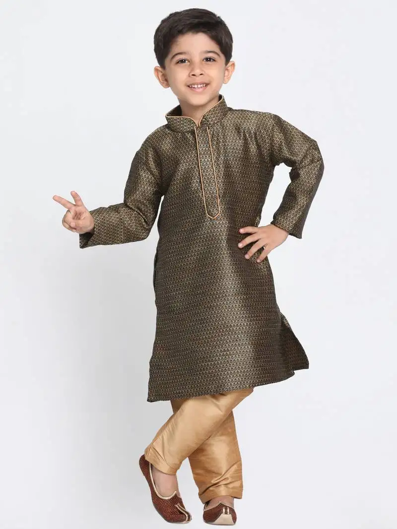 Boys black and rose gold silk blend kurta pyjama set