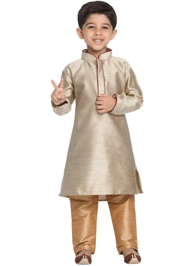 Boys beige and rose gold silk blend kurta pyjama set