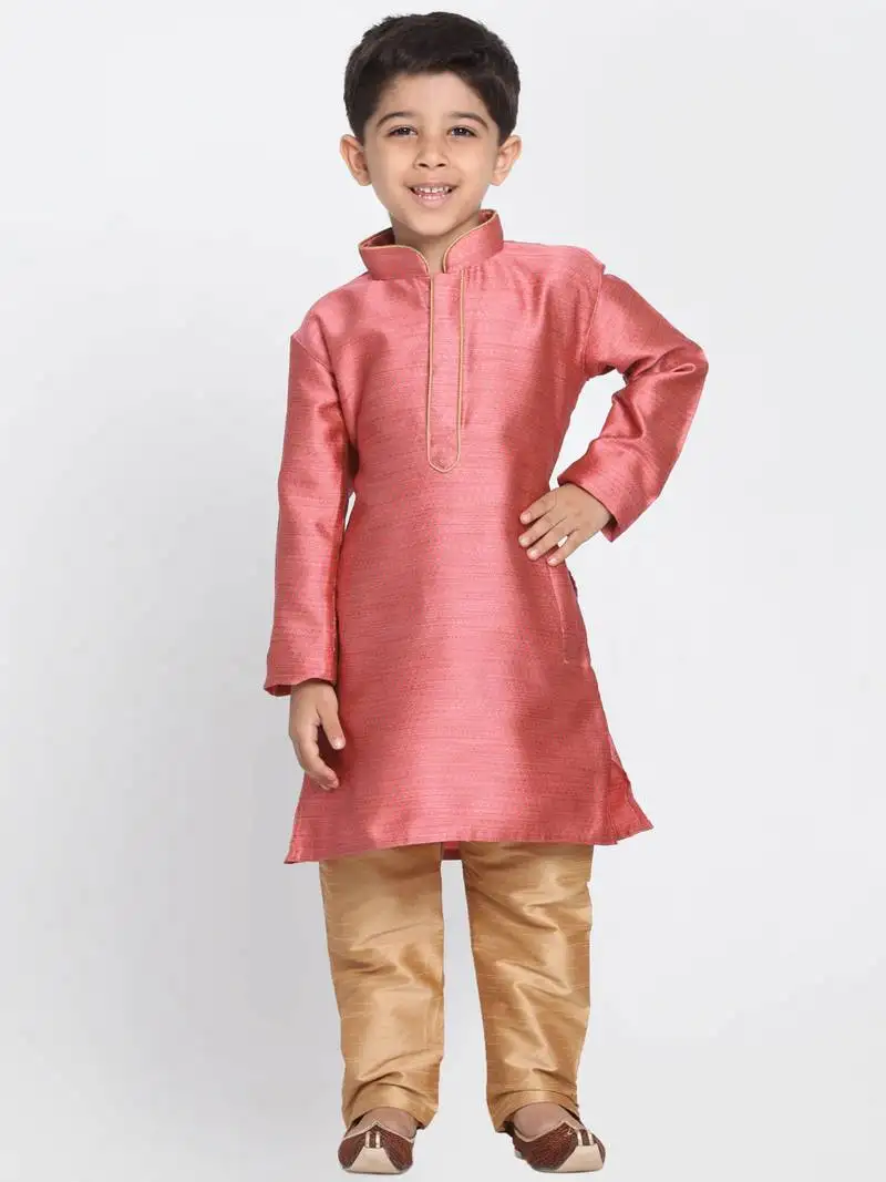 Boys bubble gum pink and rose gold silk blend kurta pyjama set