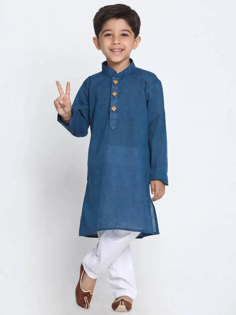 Boys midnight blue and white pure cotton kurta pyjama set