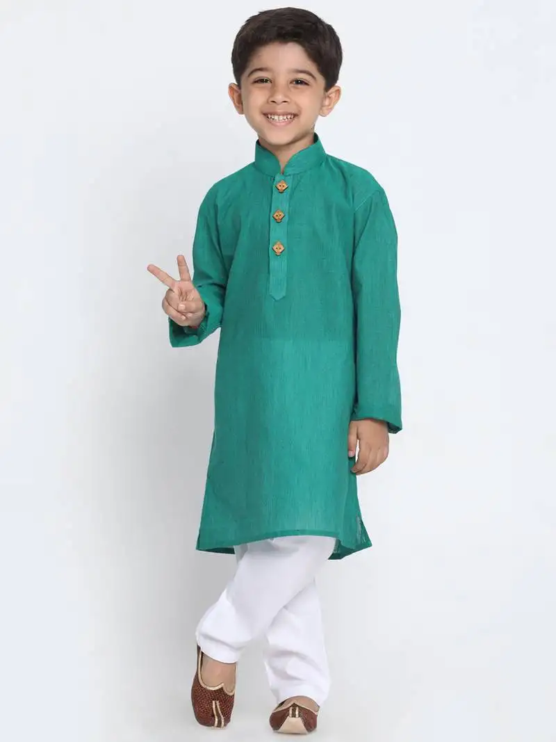 Boys teal green and white pure cotton kurta pyjama set