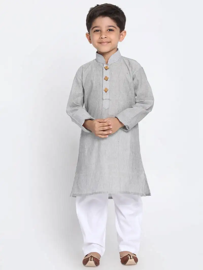 Boys ash grey and white pure cotton kurta pyjama set